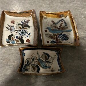 Ken Edward  Artisan Ceramic pottery Plates Set - Blue and Brown Floral Design